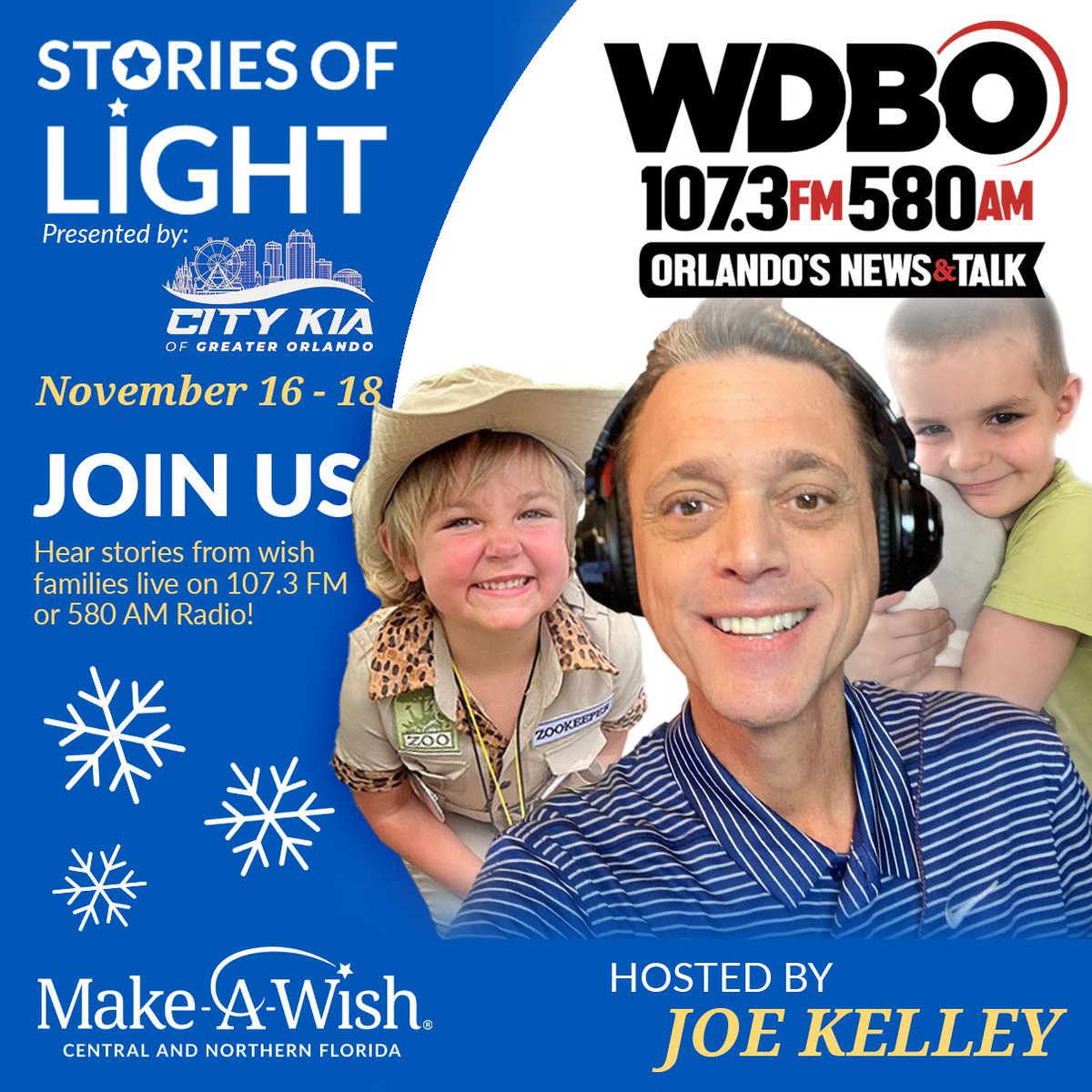 MakeAWishCNFL's tweet image. Save the Date! Stories of Light is returning this November 16th - 18th on @WDBONews with radio host @talkradiojoe! Tune in to hear inspirational stories of wish families as we work together to grant even more wishes this holiday season. ⭐💙#storiesoflight