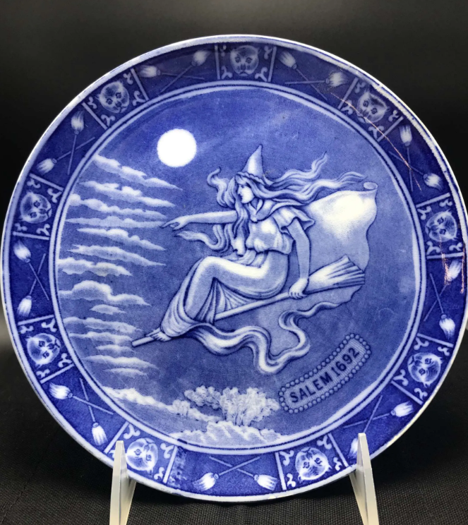 h7gables's tweet photo. #TBT This souvenir plate (c.1920), found in our archives, features a witch on a broom. Plates such as these have been around for over a century. Some of the earliest Salem souvenirs were actually painted by Ida Upton Paine who once lived in the Turner-Ingersoll Mansion! https://t.co/kx4dGCIcNg