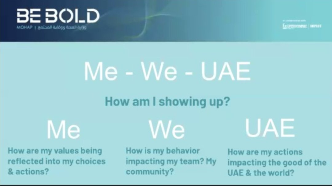 EntMagazineME's tweet photo. As the masterclass comes to an end, Melanie Lapointe urges the audience to ponder over two points pertaining to how one's values and behaviour impacts not only ourselves, but also the wider communities and the nation we belong to. #BEBOLDUAE #Togetherforhealthuae @mohapuae https://t.co/4LURL8yIFM