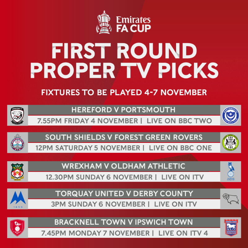 EmiratesFACup's tweet photo. The #EmiratesFACup first round proper TV picks have been selected! 📺

Which games will you be watching? 👀