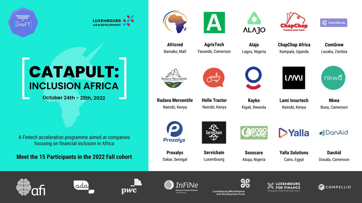 🌍 15 startups selected for the 5th edition of Catapult: Inclusion Africa!

👉 infinance.lu/actualites/cat…

This 5th edition of #CatapultAfrica will once again leverage Luxembourg’s #FinancialInclusion and #Fintech ecosystem to support selected firms in developing their businesses.