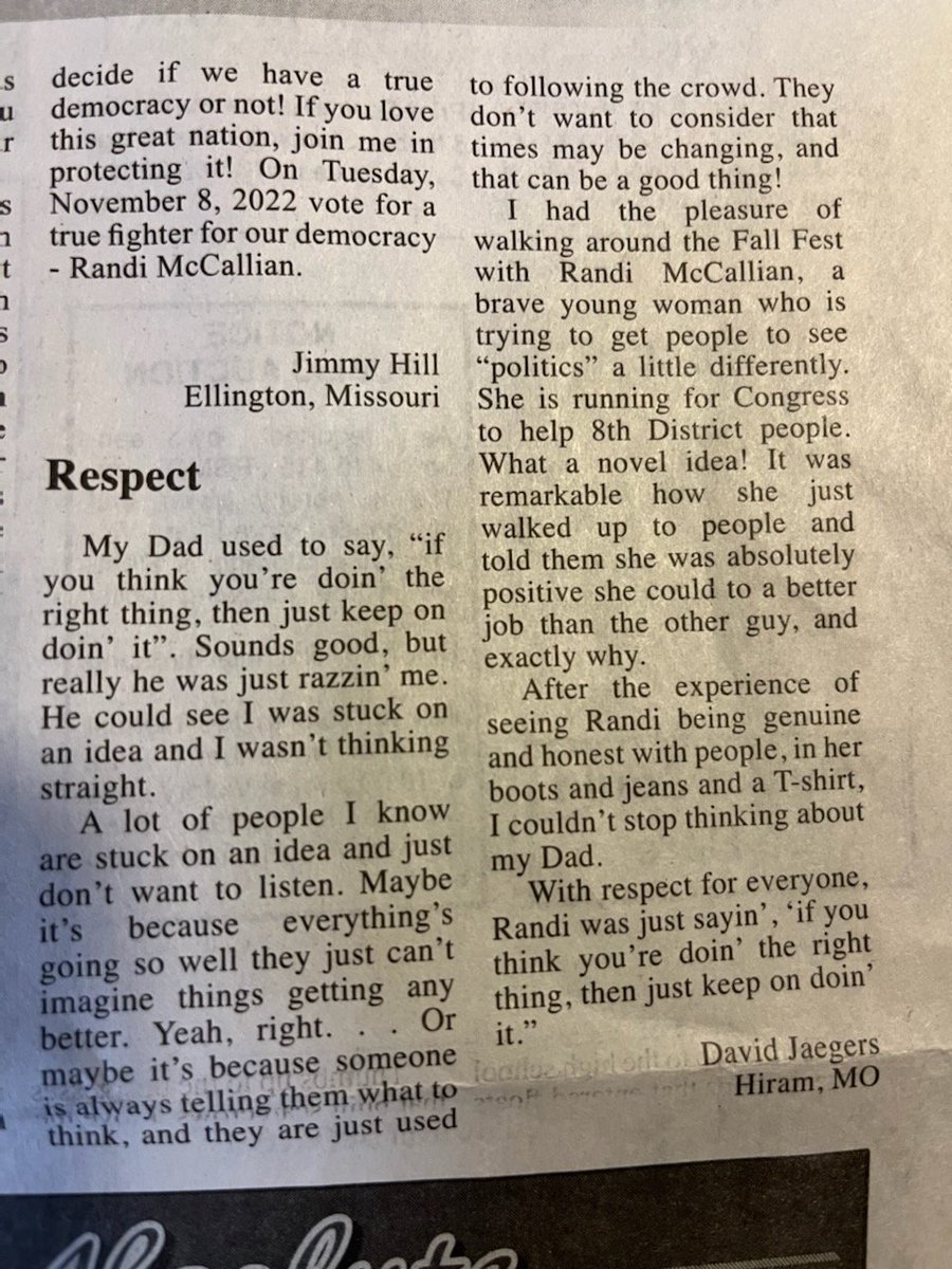David wrote a wonderful LTE after spending the afternoon talking to voters with me 🤩🥰

#Piedmont #WayneCounty
#OzarkHeritageFestival #FallFest
#WeDeserveBetter #VoteRandi