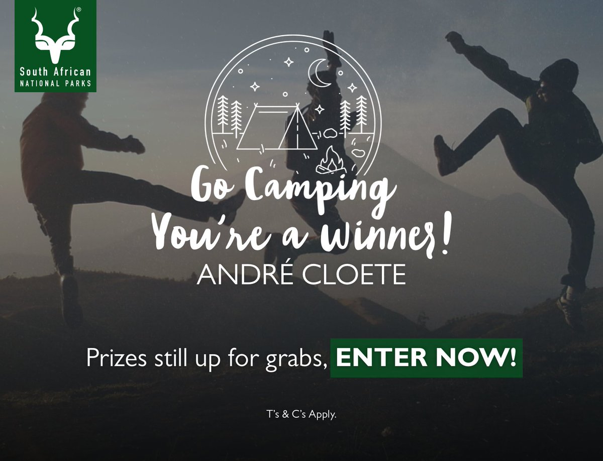 SANParks's tweet photo. WINNER ANNOUNCEMENT!
Our second weekly winner of our #campconvert campaign is André Cloete who correctly guessed the answer: Tent ⛺. Congratulations André!
You still have the opportunity to WIN. Check out the SANParks pages this coming Friday for riddle number 3. https://t.co/rZVexTkmMd