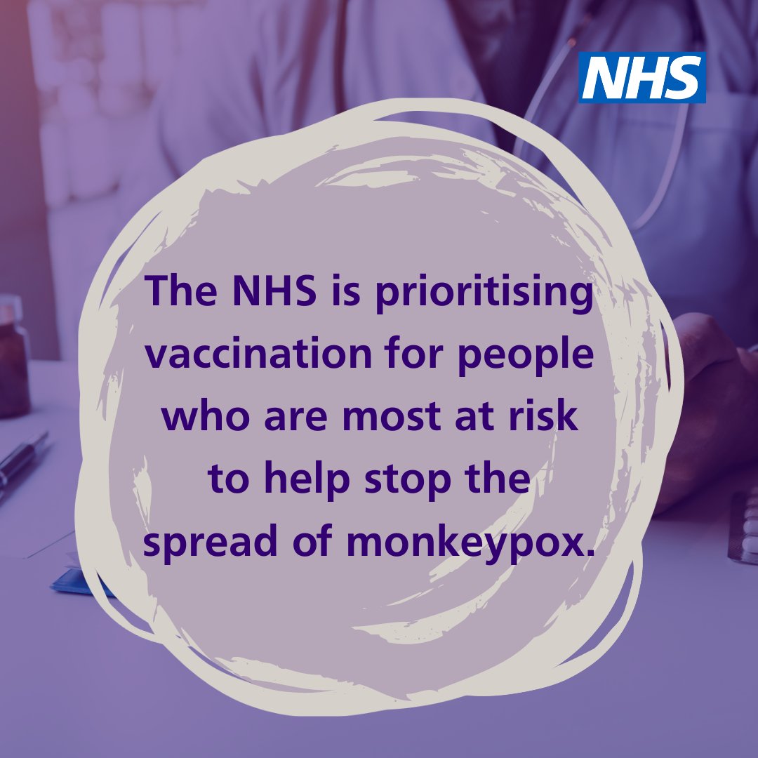 Monkeypox vaccination is currently being offered to those who are at a higher risk of having very close or frequent contact with someone with monkeypox.

If you’re eligible, find your nearest vaccination site and book yours today. nhs.uk/find-a-monkeyp…