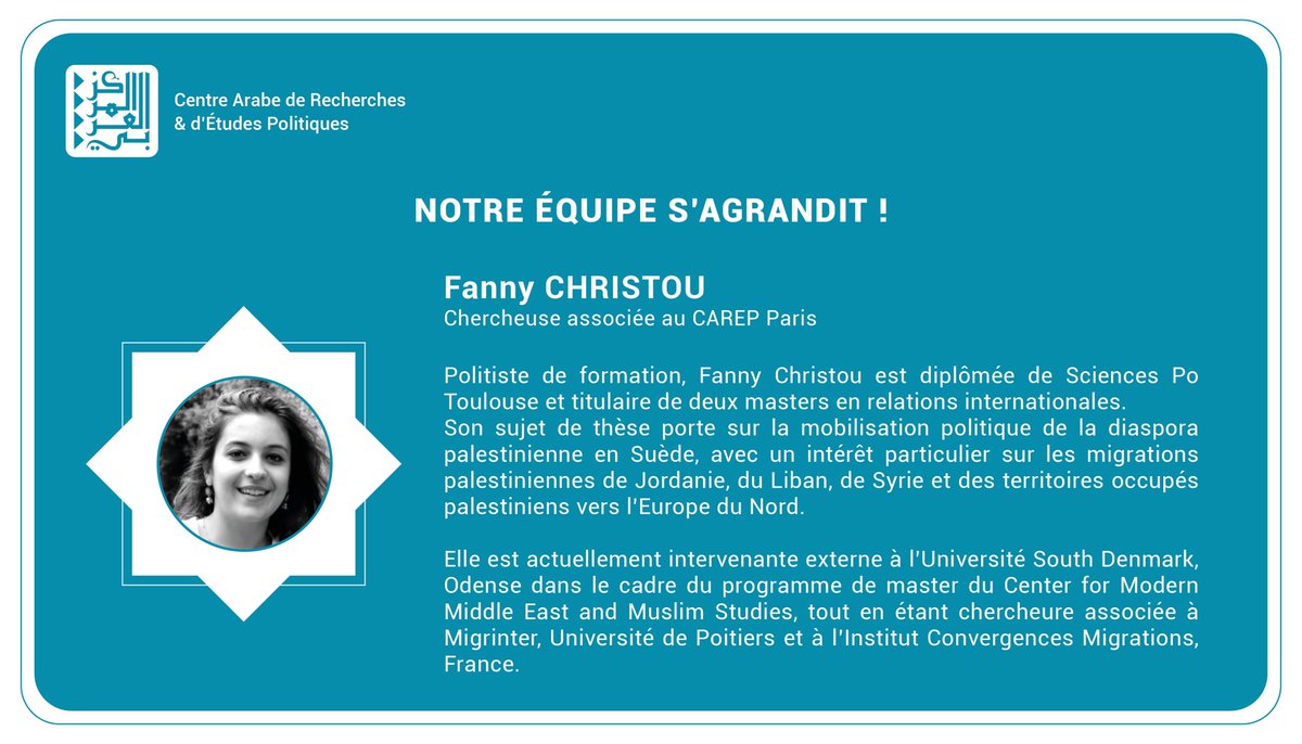 ⭐️ NOTRE ÉQUIPE S'AGRANDIT ! | Politiste et diplomée de @SciencesPo_Tlse, Fanny Christou nous rejoint en tant que chercheuse associée au CAREP Paris. Retrouvez sa biographie 👇 carep-paris.org/chercheurs-ass…