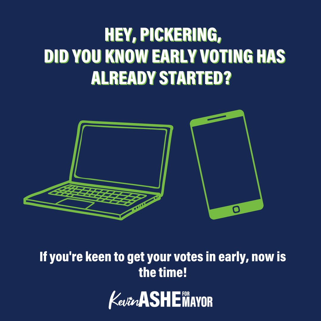 KevinAshe4Mayor's tweet photo. Hey, Pickering. Did you know early voting has already started? If you're keen to get your vote in, you can online. 

#CountOnKevin #KevinAsheForMayor #pickering #mayor https://t.co/z4Qlfv915H