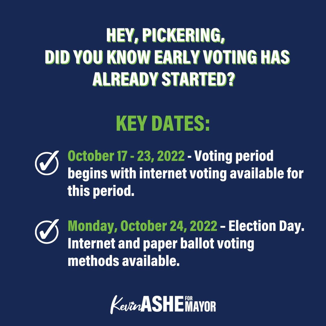 KevinAshe4Mayor's tweet photo. Hey, Pickering. Did you know early voting has already started? If you're keen to get your vote in, you can online. 

#CountOnKevin #KevinAsheForMayor #pickering #mayor https://t.co/z4Qlfv915H