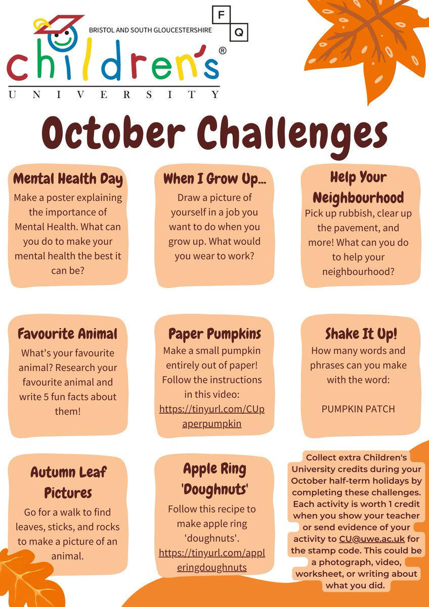 October Half-Term means it's CHALLENGE TIME! Check out our October challenges, and let us know at cu@uwe.ac.uk or tell your teacher about your completed challenges to receive your stamp code.