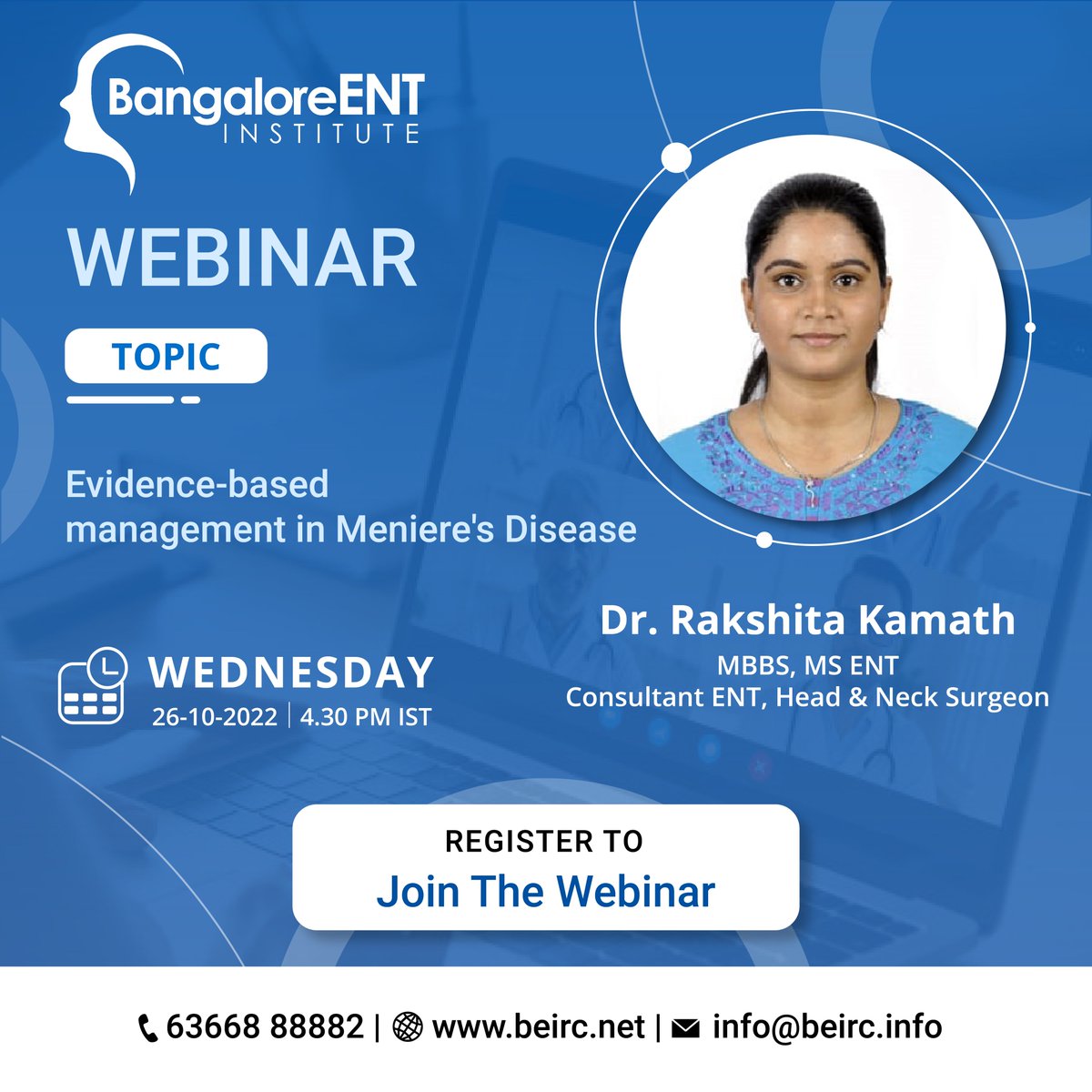 beirc_'s tweet photo. Join us for an online webinar on Evidence-based Management in Meniere's Disease by Dr. Rakshita Kamath, Consultant ENT, Head &amp; Neck Surgeon, BEIRC. 

Use this link to register yourself -  https://t.co/P8EsxMBfEe

#BEIRC #bangaloreentinstitutenandresearchinstitute  #onlinewebinar https://t.co/6Uj5I4QuRV