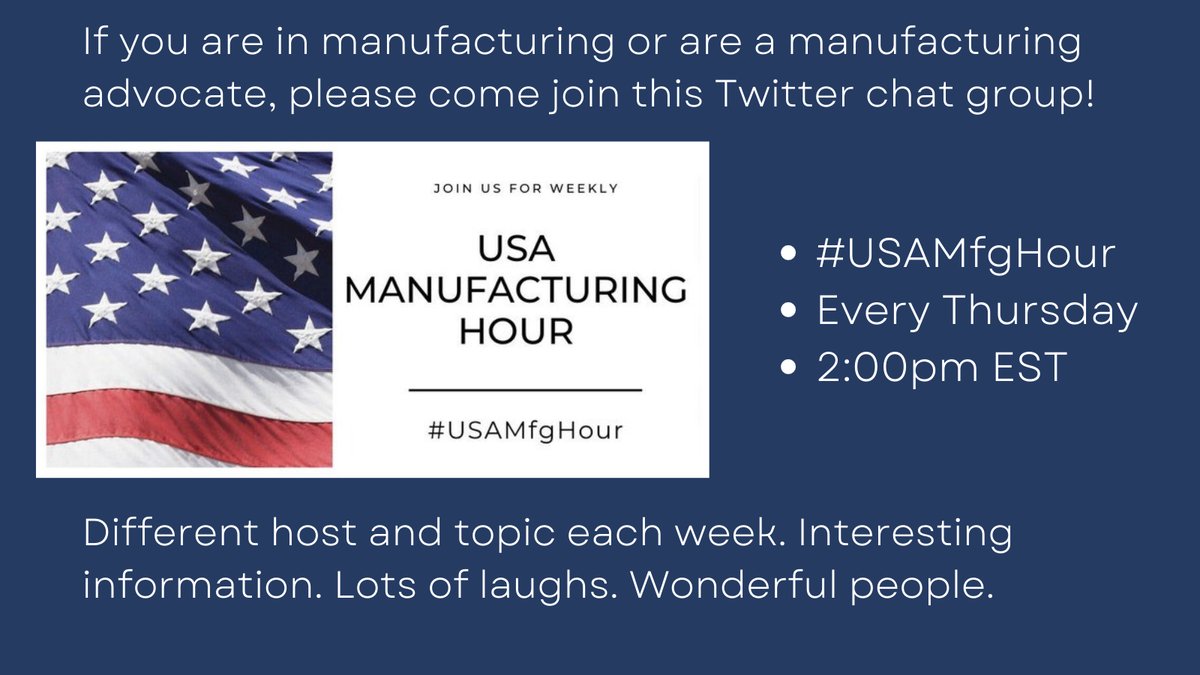 Interested in meeting some fantastic people, learning a thing or 2, and having a few laughs? Come join the #USAMfgHour Twitter chat! ** Today's chat ** Host: Chris Giglio of Rover Media Topic: Website Design for Manufacturers #mysfas #southernfastenersandsupply #networking