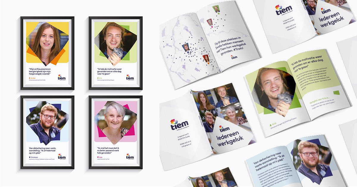 Tiem, iedereen werkgeluk 🌱
De nieuwe payoff van Tiem. Samenwerking Doop en 
Tiem resulteerde in onder andere een nieuwe 
positionering, een nieuwe website (druk in de maak!) 
en als kick-off, dit mini-magazine. Waar de positieve
energie en kleur vanaf spat. 🍀