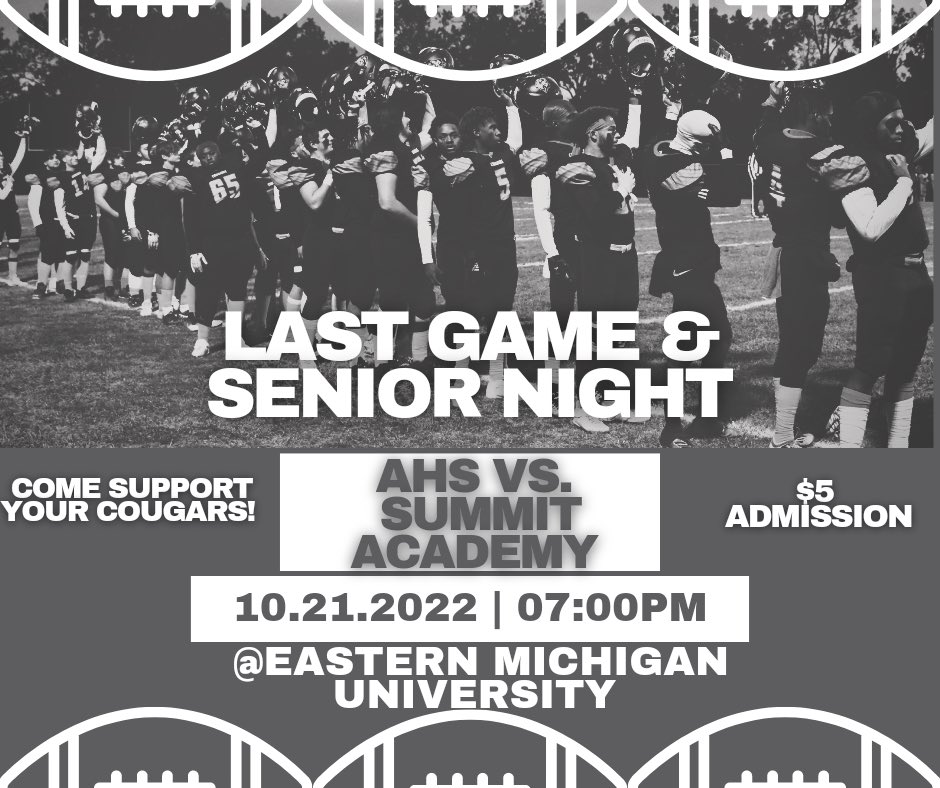 Come support the #Cougars on their last game of the season. We play <a href="/EMUFB/">Eastern Michigan Football</a> stadium Friday night at 7pm! <a href="/JasonBankston6/">Jason Bankston</a> <a href="/NewsHeraldMI/">The News-Herald</a> <a href="/pressandguide/">Press & Guide</a> <a href="/FrankwNH/">Frank Wladyslawski</a> <a href="/MichFBFrenzy/">Michigan Prep Frenzy</a> <a href="/statechampsmich/">STATE CHAMPS! Michigan</a> <a href="/TheD_Zone/">The D Zone</a>