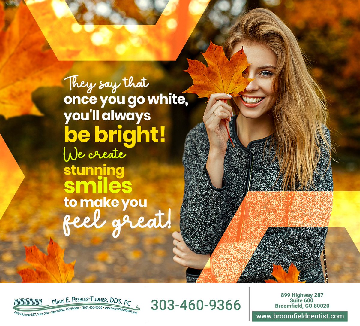 DrPeeblesTurner's tweet photo. A brighter, whiter smile can boost your confidence, help you make an excellent first impression, and make you feel better. Get your healthy, white smile with Mary E. Peebles-Turner, DDS, PC #teethwhitening #broomfield #CO #maryepeeblesturnerdds https://t.co/3lPo7lBXPQ