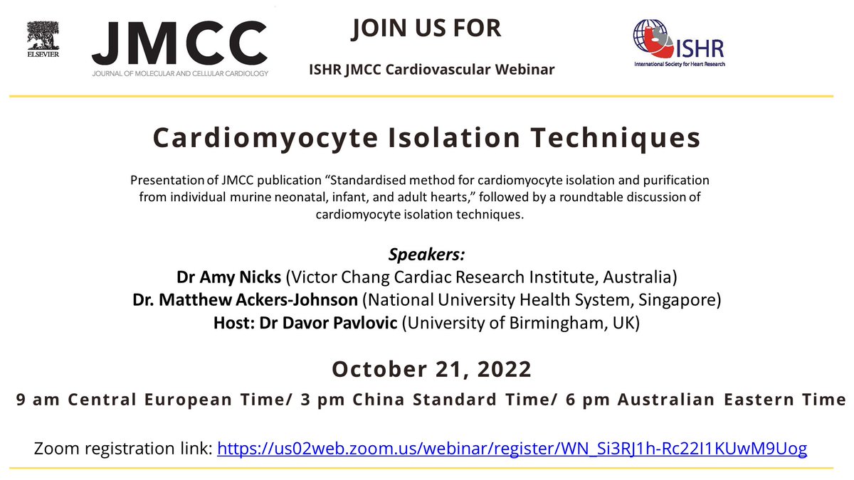 There is still time to register for tomorrow's webinar on Cardiomyocyte Isolation Techniques! Webinar begins at 9 am Central European Time/ 3 pm China Standard time, Friday October 21.

Register now: ow.ly/wngw50LcA4x