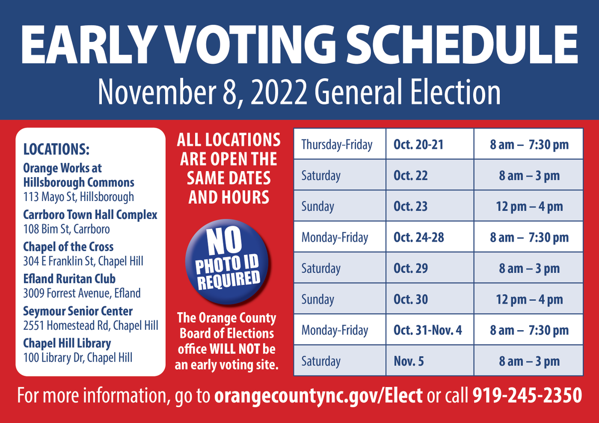 OCNCGOV's tweet photo. Early voting begins today. If you're new to Orange County and haven't registered, Same Day Voter Registration is available at all Early Voting sites. Bring a valid form of government ID that shows Orange County residence. Must vote when registering. Info: https://t.co/RKfLHZyc0A https://t.co/xUcYwxSfEu