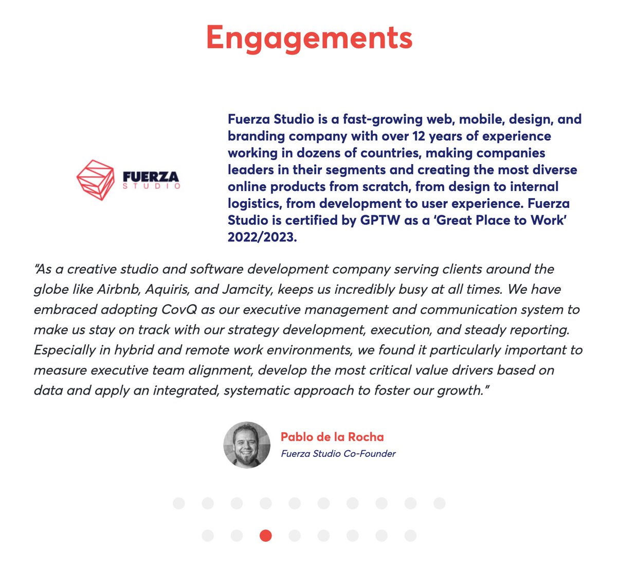 ralfhirt's tweet photo. Our latest testimonial for the #CovQ management system is from @balu_delarocha CCO/founder @fuerza_studio - a Brazil based digital agency serving scale-ups and clients like Airbnb worldwide. #startegy #Execteam @8w8Com https://t.co/keQmZoSvus