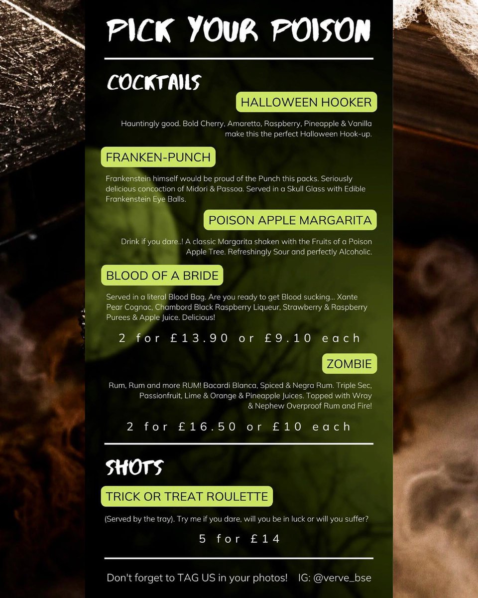 DRINK IF YOU DARE // This concoction from the talents at Verve Bar &amp; Restaurant in Bury St Edmunds is a classic Margarita shaken with the Fruits of a Poison Apple Tree. The perfect way for the adults to join in the spooky season 👻 👻 Available until the end of October.