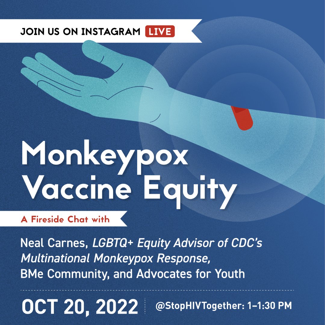 CDC HIV (@cdc_hiv) on Twitter photo TODAY at 1PM!
Join our Monkeypox Vaccine Equity chat on IG with <a href="/AdvocatesTweets/">Advocates for Youth</a> & <a href="/BMeCommunity/">BMe Community</a>.
Weāll talk about #monkeypox, the Vaccine Equity Pilot Program, & ways health depts & orgs can get involved.
Follow instagram.com/stophivtogethe⦠to join in! TODAY at 1PM!
Join our Monkeypox Vaccine Equity chat on IG with <a href="/AdvocatesTweets/">Advocates for Youth</a> & <a href="/BMeCommunity/">BMe Community</a>.
Weāll talk about #monkeypox, the Vaccine Equity Pilot Program, & ways health depts & orgs can get involved.
Follow instagram.com/stophivtogethe⦠to join in!
