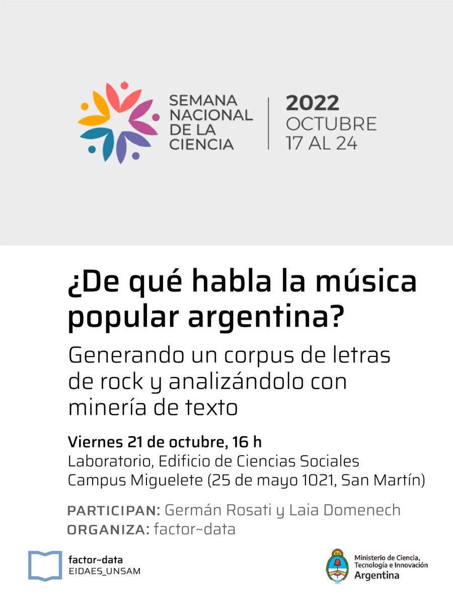 idaesoficial's tweet photo. En el marco de la #Semanadelaciencia2022, @FactorData invita a la actividad "¿De qué habla la música popular argentina? Generando un corpus de letras de rock y analizándolo con minería de texto", a cargo de @Crst_C y @layitx. ¡Lxs esperamos! 👇🏽✨ https://t.co/NfNqmj6kKt
