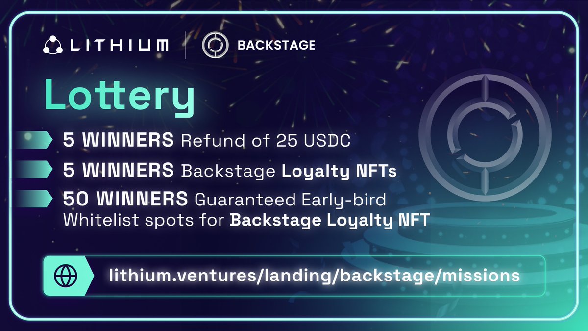 BackstageBks's tweet photo. To celebrate our private round on the @LithiumVentures, we're giving away an exclusive reward: Backstage Loyalty #NFT that unlocks a multitude of benefits!

👑 Complete "Lottery Required" tasks &amp; win the Masterkey of Entertainment 3.0!

🧵 Rules&amp;Links⬇️

#Giveaway #Web3 #Crypto https://t.co/WuOW6XWXNX