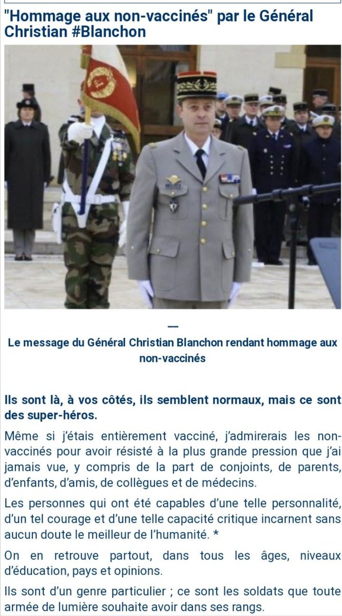 dupontaignan's tweet photo. Magnifique hommage du Général Blanchon aux non-vaccinés, qui salue le courage des ces hommes et de ces femmes qui ont tenu bon envers et contre tout ! Leur force intérieure est un atout extraordinaire pour la France ! https://t.co/xUB3terrUM