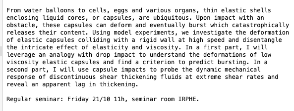 FFPCOMM's tweet photo. [#Séminaire #IRPHE] le 21/10 à 11h00 : "#Elastic capsules impacting a rigid wall: bursting prediction and #dynamic #rheometry" / Etienne Jambon https://t.co/4iFB5IBk4o