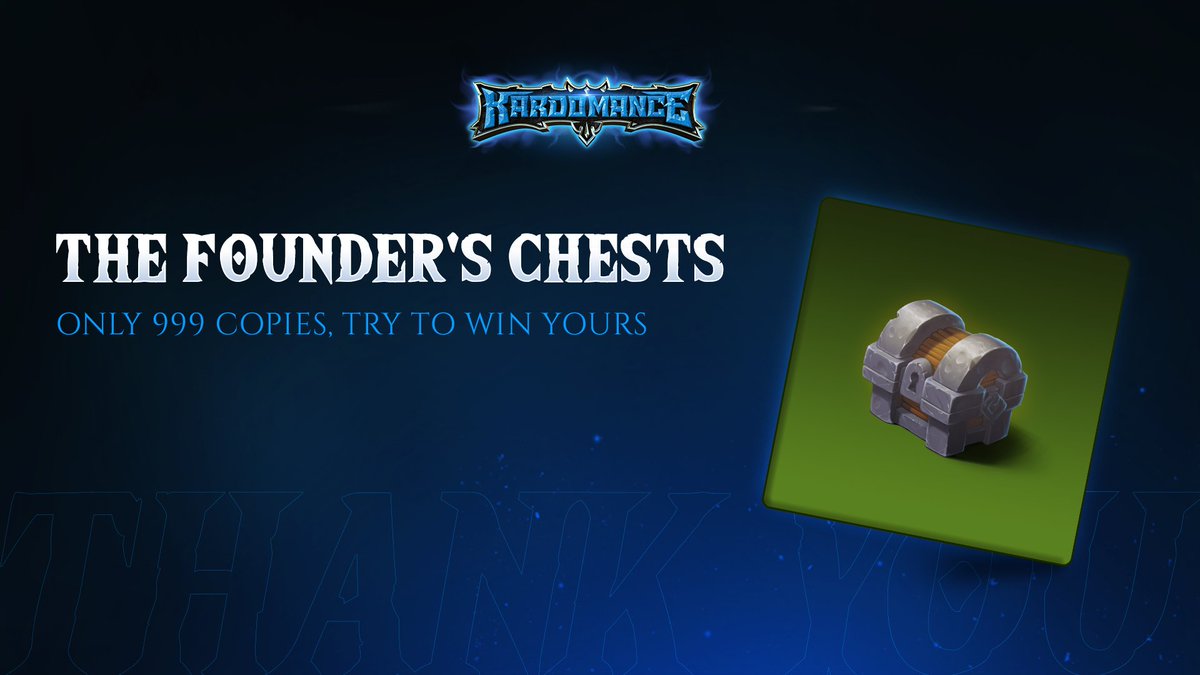 #NFTgiveaway 🎉

The Founder's Chest, 999 copies

The content of it? A total of 70 Kardomance NFT cards &amp; a guaranteed access to the closed beta, a nice way to start your journey in Kardomance.

That’s your chance to win one of these chests🍀

Link to enter the giveaway below 👇