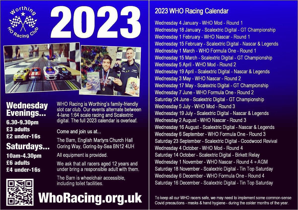 Our 2023 WHO slot car racing calendar! #goringbysea #worthing #scalextricdigital #scalextric #microscalextric #afxracing #slotcarracing #slotcar