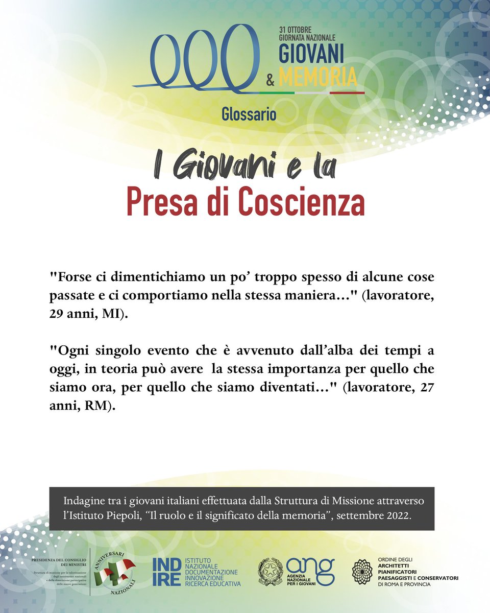 anniversaritaly's tweet photo. Cosa dicono i #giovani sulla presa di coscienza? 

👇 Da leggere i risultati dell'Indagine effettuata da @IstitutoPiepoli per la Struttura di missione

#31ottobre #giovanimemoria https://t.co/RuRBEV0rbZ