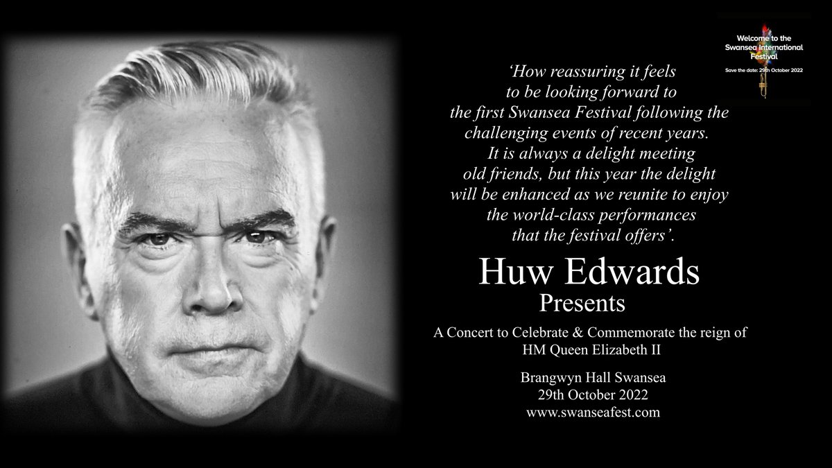 Not long left to get you tickets for 'A Concert to Celebrate and Commemorate the reign of HM Queen Elizabeth II' 29th October 2022 Brangwyn Hall hotsed by @thehuwedwards @CatrinFinch @ChoirPhil @TheBrangwyn ticket info swanseafest.com