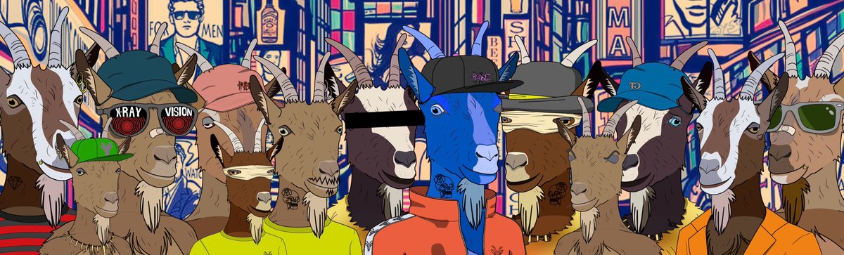0xDerpine's tweet photo. In honor of @adaGOATS one year anniversary I threw together a banner of my goat gang 🐐

#LFGOAT #BLEET $GRASS #CNFTCommunity https://t.co/tzCWhyJ4BX