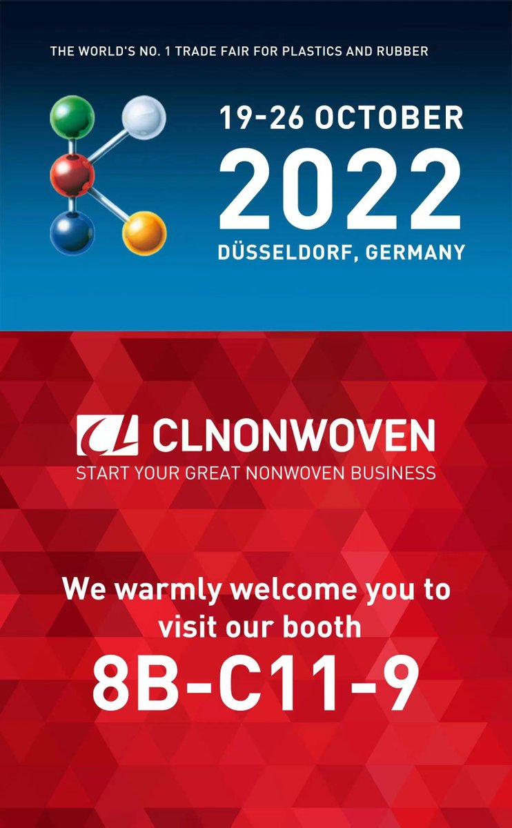 CLnonwoven's tweet photo. CL nonwoven machine is attending the K show-The World's No.1 Trade Fair for Plastics and Rubber ( K 2022 ) on 19-26 October 2022.
We are waiting for you on booth No: .8B-C11-9,welcome to visit us
#kshow2022 #nonwovenmachine #spunbond #spunmelt #nonwovens https://t.co/3lQEfeoPfi