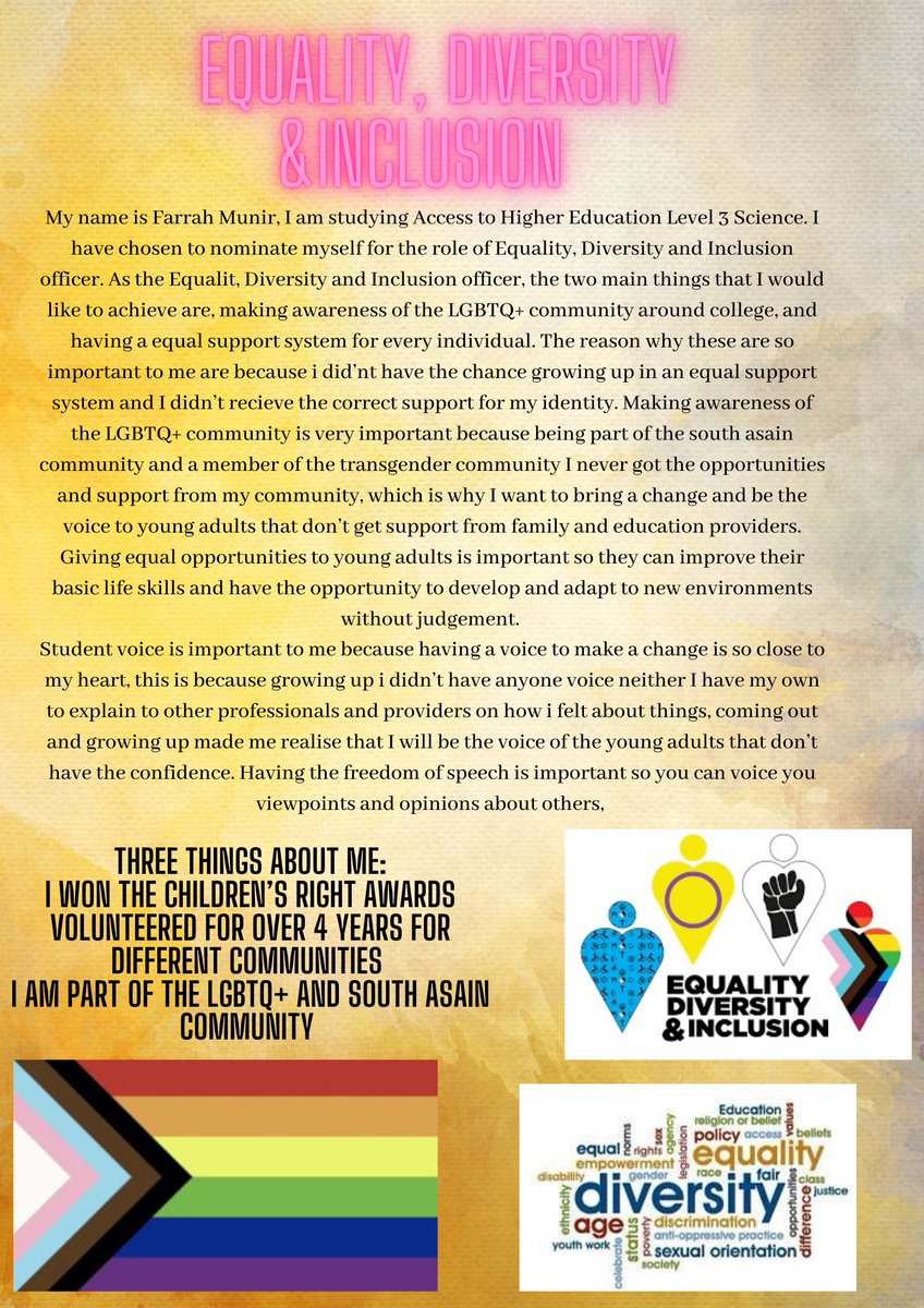 KCStudentVoice1's tweet photo. Candidate for EDI officer in the upcoming election of KCSU officers, Farrah Munir. All students will receive voting instructions, elections take place 7th-13th November 2022. https://t.co/aOjULcgSmf