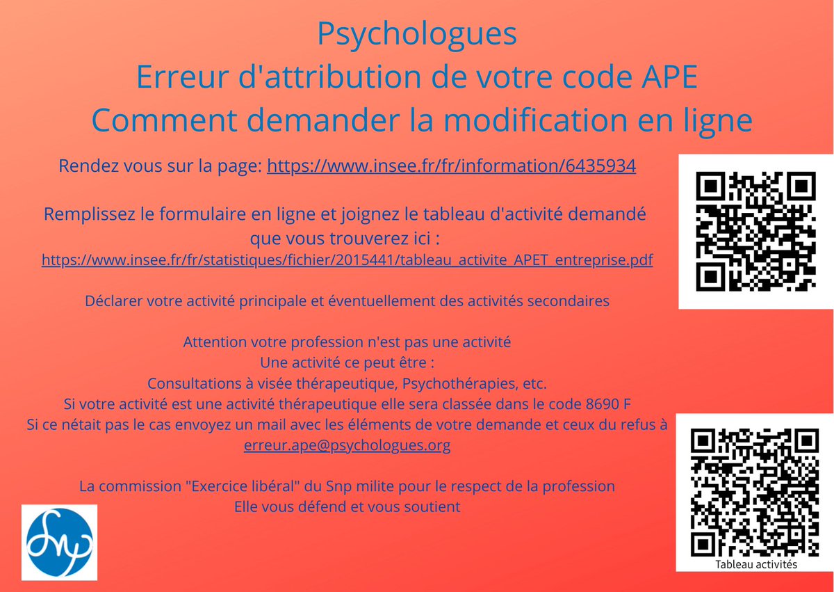 snpsychologues's tweet photo. 🤔En galère avec votre code APE. Une infographie et un mail pour vous aider.
#codeape #snpàvoscôtés https://t.co/6V1FJkPiuu