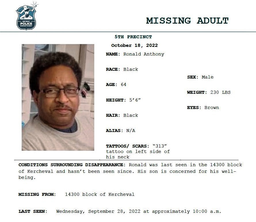 MissingPeopleAA's tweet photo. DETROIT (MICHIGAN) MISSING ADULT
Ronald Anthony
Source: Detroit Police
#MPIA  #MICHIGAN  #MissingAdult https://t.co/0diWXP27D7