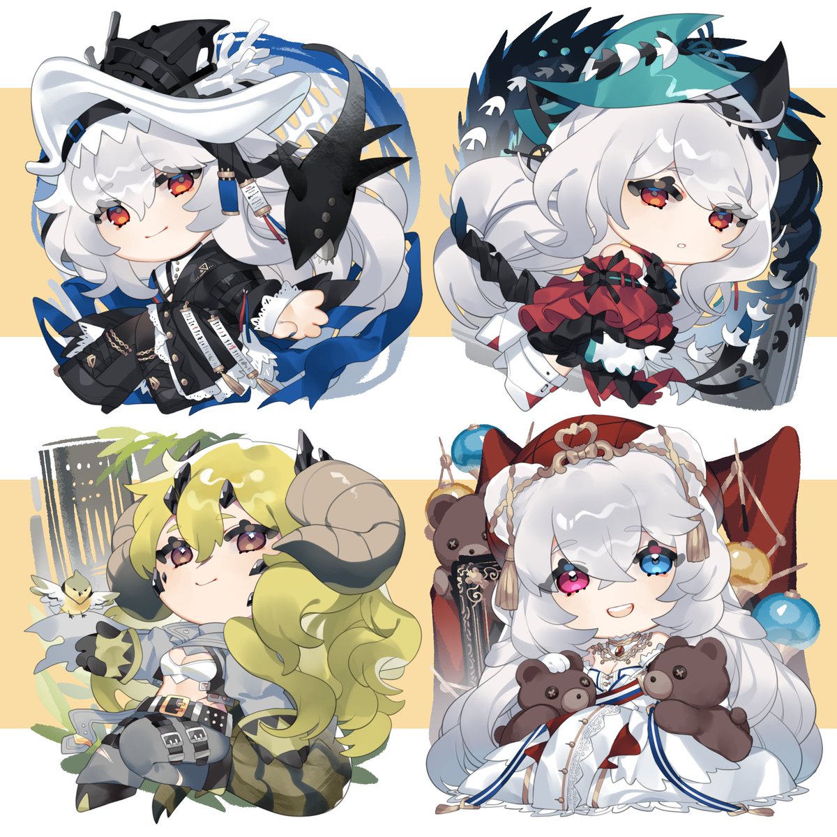 skadi (arknights) ,skadi the corrupting heart (arknights) ,specter (arknights) multiple girls official alternate costume red eyes long hair heterochromia dress chibi  illustration images