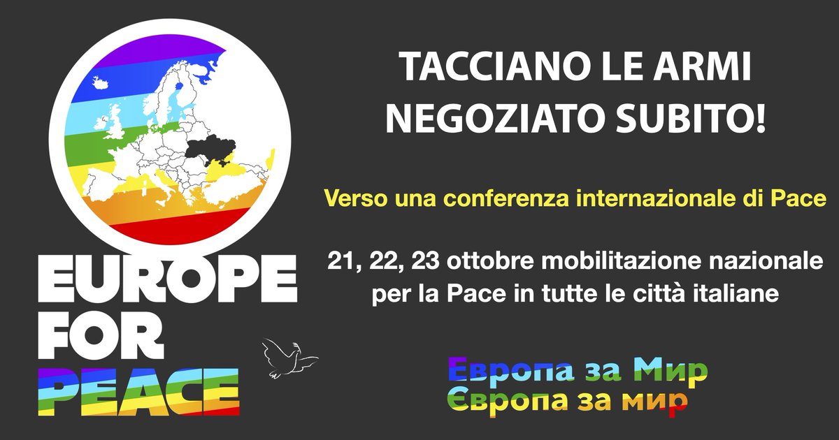 Cgil_Liguria's tweet image. 🏳️‍🌈 #Fermate la guerra: negoziato subito”. 🧐 Dal 21 al 23 ottobre #EuropeForPeace si ritroverà in tantissime piazze italiane per chiedere all’ONU di convocare subito una Conferenza Internazionale di Pace.
👉 le iniziative in Liguria su liguria.cgil.it 
#NoWar #fermatevi