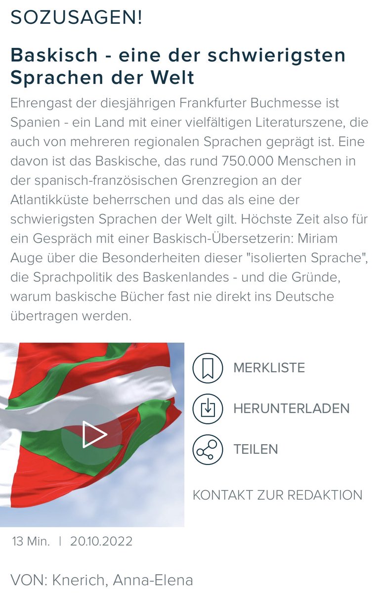 Gastland der #FBM22 ist Spanien - und so wird auf der <a href="/Book_Fair/">FrankfurterBuchmesse</a> auch Literatur aus dem Baskenland vorgestellt. Warum kaum Bücher direkt aus dem Baskischen ins Deutsche übertragen werden, darüber habe ich mit der Übersetzerin Miriam Auge gesprochen: ardaudiothek.de/episode/sozusa…