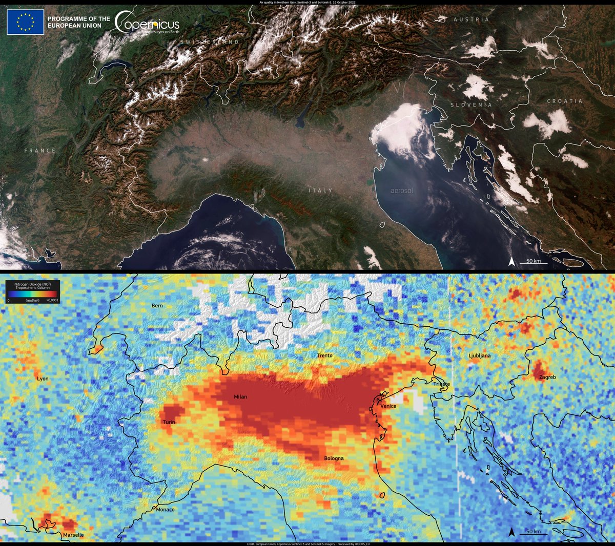 #ImageOfTheDay

Autumn 🍂 is usually associated with a deterioration of #AirQuality in parts of Europe

On 18 October, #Copernicus 🇪🇺🛰️
⬆️#Sentinel3 imagery shows a thin aerosol layer
⬇️#Sentinel5P retrieved high levels of Nitrogen Dioxide (#NO2)
over northern Italy

#CleanAirEU