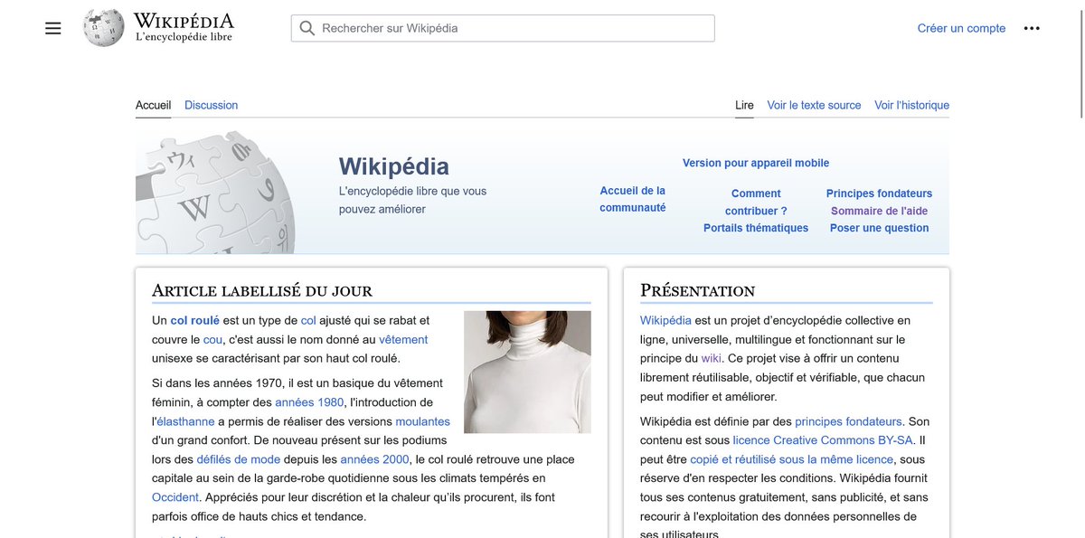 Pyb75's tweet photo. Après la mini-jupe hier, le col roulé est en une de @Wikipedia_fr 😉 #colroule https://t.co/cBph2eWCs8