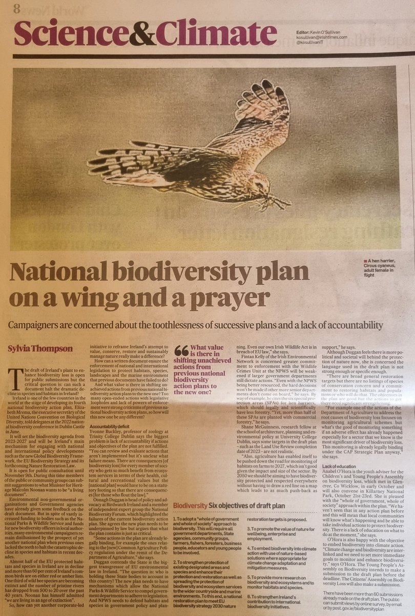 Consultation on draft of Ireland's 4th National Biodiversity Action Plan open until 9th November. Nice piece in @IrishTimes today... npws.ie/news/public-co…