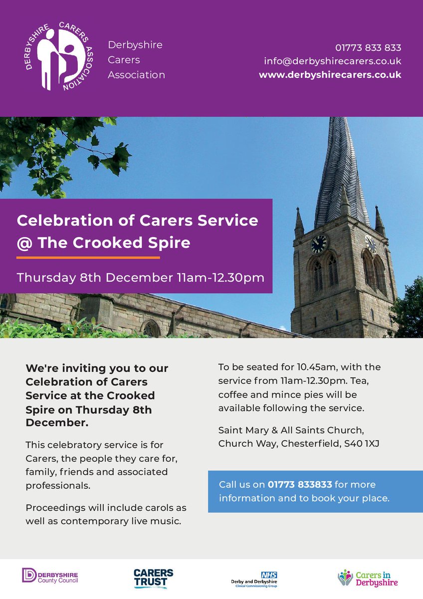 Celebratory Church Service for Carers ⛪🎅

✨ At Crooked Spire ✨

📆 Thursday 8th December

⭐For family, friends & professionals
⭐Carols and live music
⭐Coffee & Mince Pies

Call 01773 833833 to book 📞

 #carerssupport #mentalhealthderbyshire #derbyshirecarers #carers