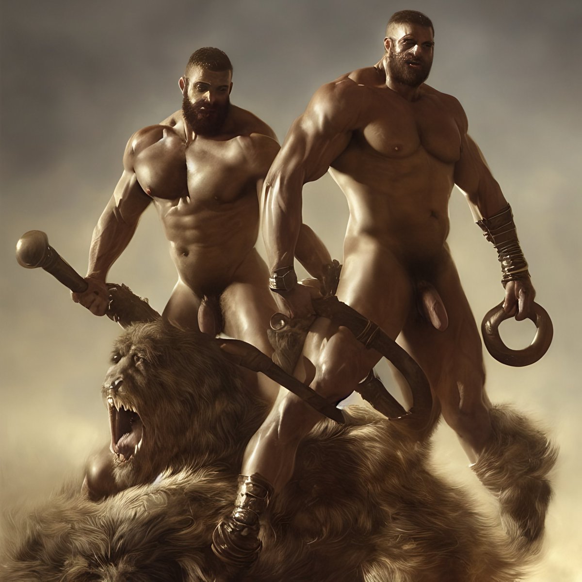 8______o's tweet photo. They defeat their worst enemies, fighting naked. Killing a huge monster turned them on. - Barbarian Tales #GPT3 + #stablediffusion https://t.co/7Dfybdx6BB