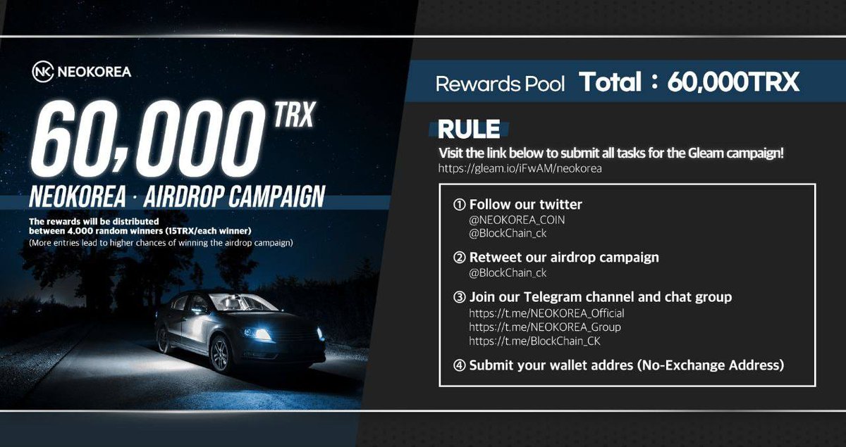 #NEOKOREA is running a massive 60,000TRX #airdrop campaign in  tokens!

Join our gleam competition:
🔗gleam.io/iFwAM/neokorea

Page with curl Follow all the rules and tag your friends to join the airdrop campaign!

#Metaverse #Giveaway