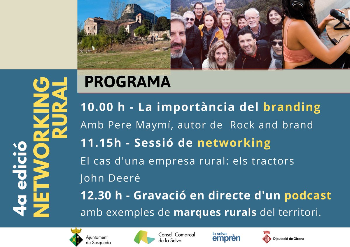 📢Arriba la 4⃣a edició del Networking Rural a Sant Martí Sacalm (#Susqueda)‼️
✅Coneixerem la importància del Brànding rural i gravarem un pòdcast amb exemples de marques rural del territori.

🗓3 de novembre
⏰10 h
📍Pl/ de l'Ajuntament
👉bit.ly/3EOlISJ

#PromoEcoDdGi