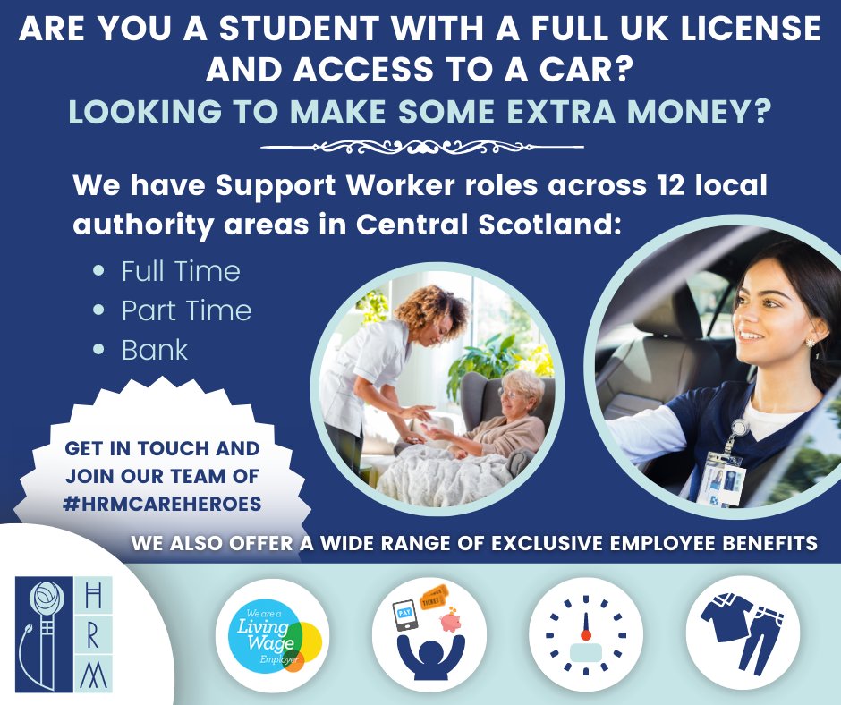 Are you a #Student with a UK license and access to a car?🚗 We have #FullTime, PartTime and Bank #SupportWorker roles across #CentralScotland💙 💻 link in bio ☎️ 01236 429859 #HRM #Homecare #WeCare #CareAboutCare #ShineALight #CareToCare #CurrentVacancies #Jobs #Hiring