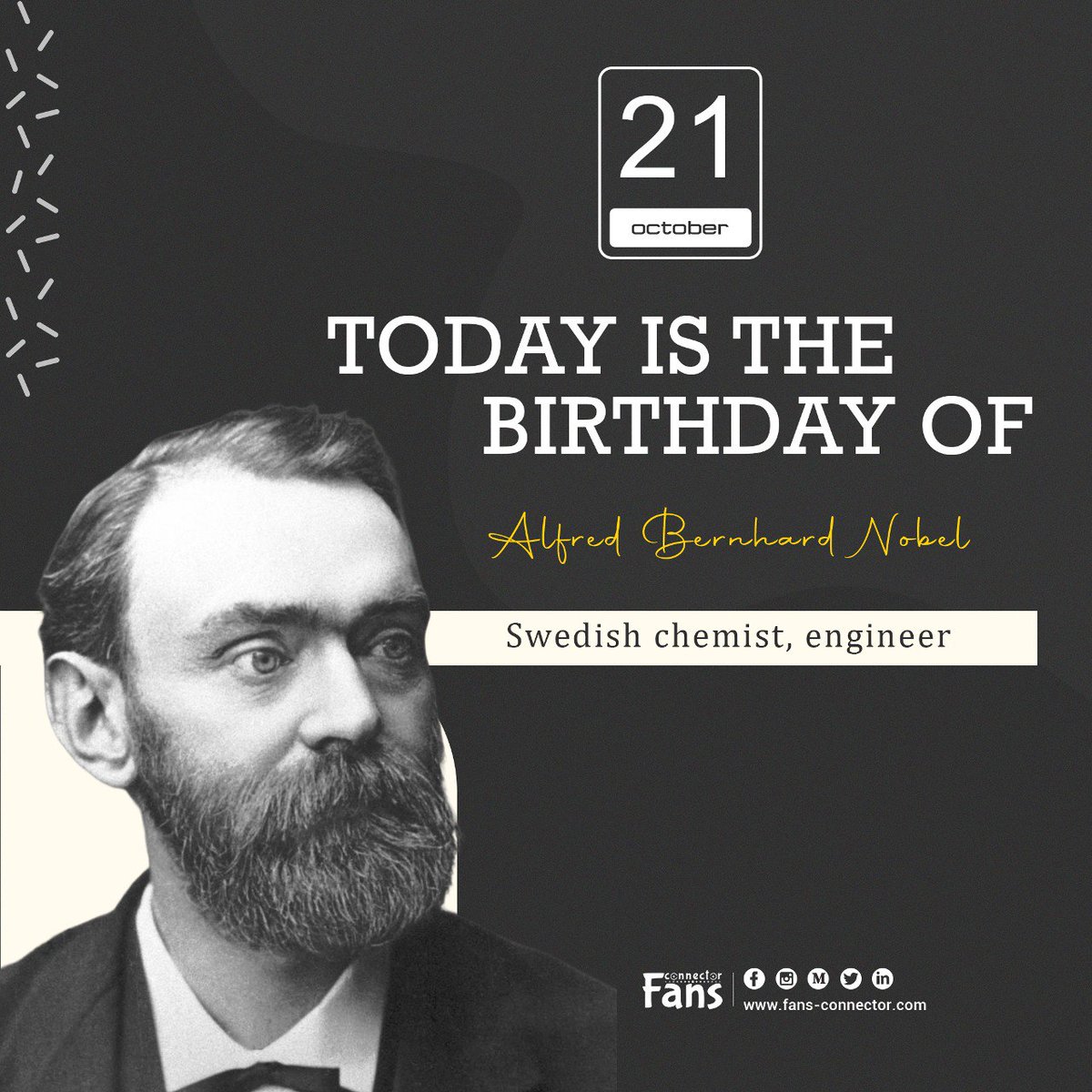 fans_connector's tweet photo. #Alfred_Bernhard_Nobel was a #Swedish_chemist, engineer, inventor and also businessman, and philanthropist. His most famous invention was #dynamite and he made several important contributions to #science. He is best known for donating his fortune to the #Nobel_Prize institution. https://t.co/I04i1F9kih