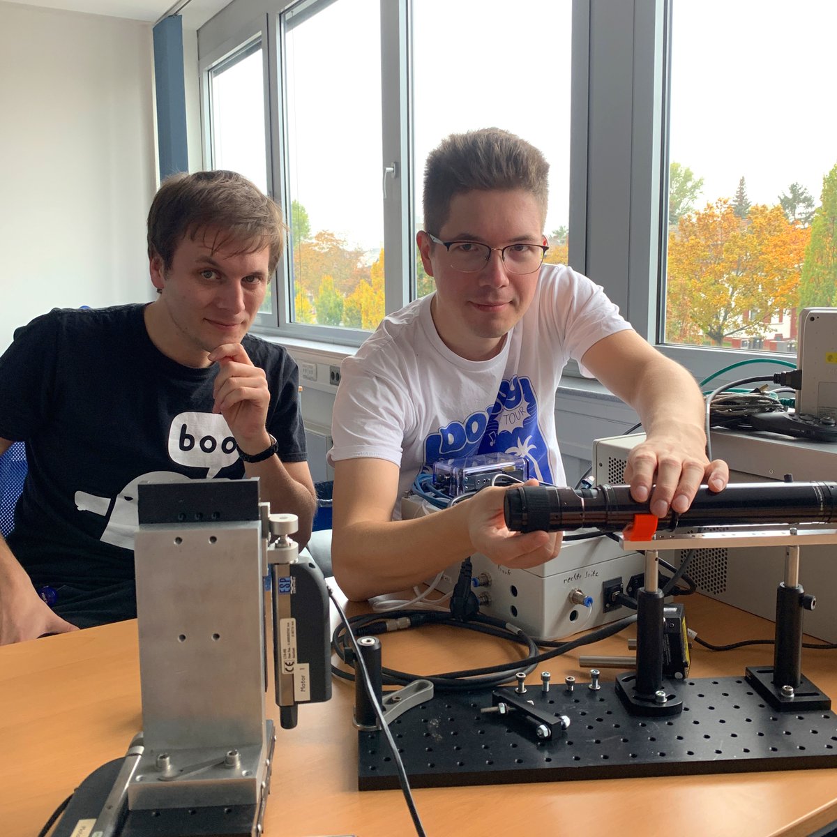 Progress and fine work everywhere: Dr. Tim Böttcher (left) and Matthias Nicolay from our Targetry department are setting up parts for a target alignment prototype.#laser #fusion #energy