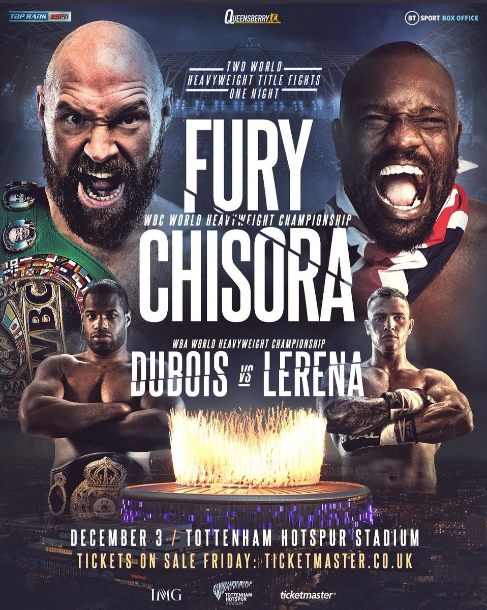 CONFIRMED: Tyson Fury will defend his WBC Heavyweight title against Dereck Chisora at Tottenham Hotspur Stadium on December 3rd. #FuryChisora