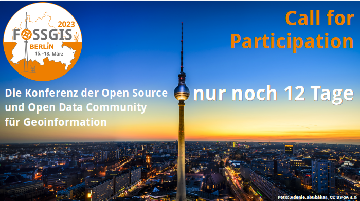 FOSSGIS_Konf's tweet photo. Nur noch 12 Tage - Call for Participation @FOSSGIS_Konf: https://t.co/00AWuYXJnI

Die #FOSSGIS2023 (15.-18.03.2023 in Berlin) ist die Communityveranstaltung für #OpenSource und #OpenData im Geobereich. #FOSSGIS #OSM #OSGeo https://t.co/OYYyKA4l3Z